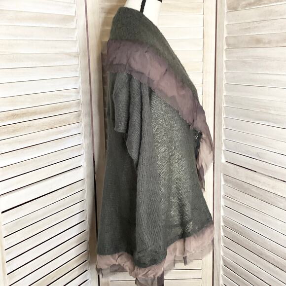 Vintage Olive 100% Wool Mohair? 100% Silk Trim Draped Shawl Neck Cardigan M/L - Picture 4 of 10